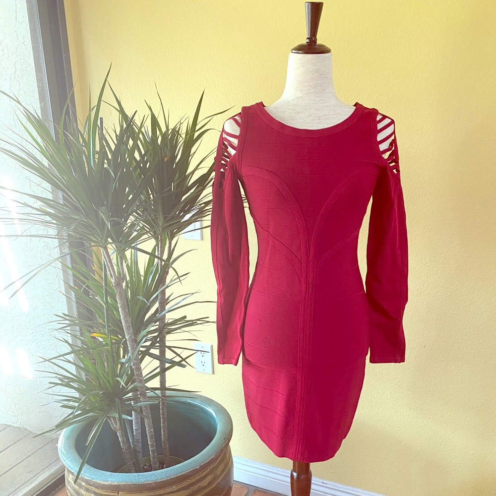 Bebe, Red Long-Sleeve Bandage Dress